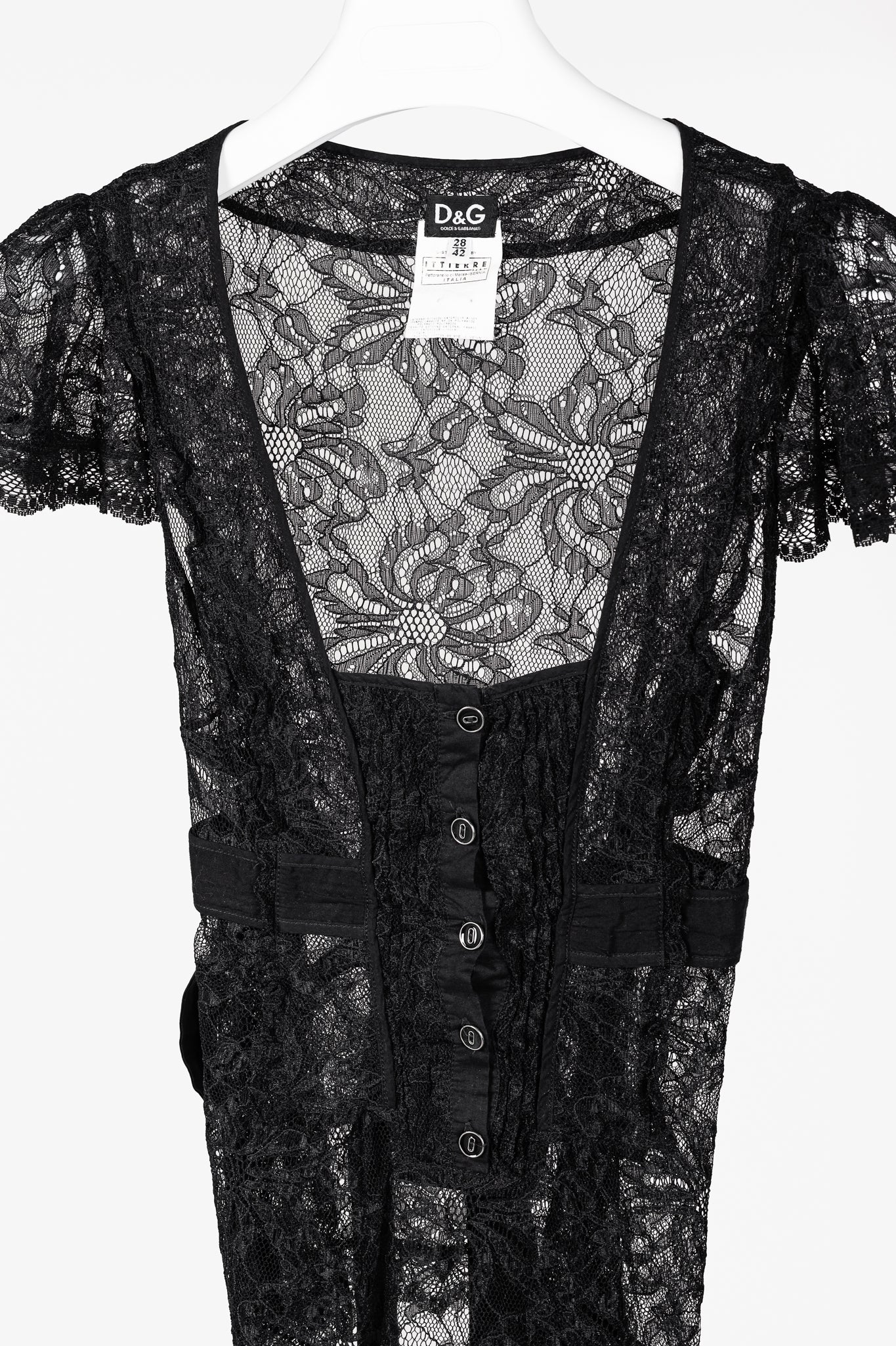 D&G Dolce & Gabbana Black Lace Flutter-Sleeve Tie-Waist Blouse