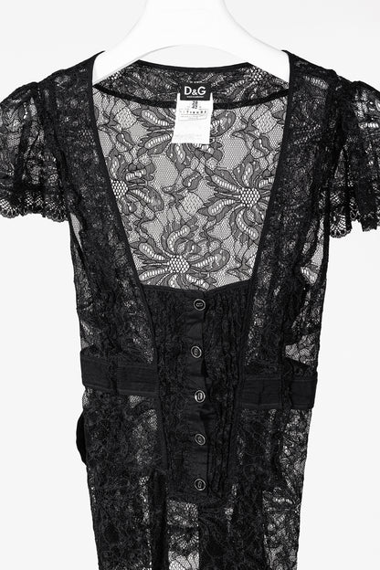 D&G Dolce & Gabbana Black Lace Flutter-Sleeve Tie-Waist Blouse