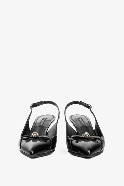 Dolce & Gabbana Nero Patent-Leather Embellished Slingback Pointed-Toe Heels