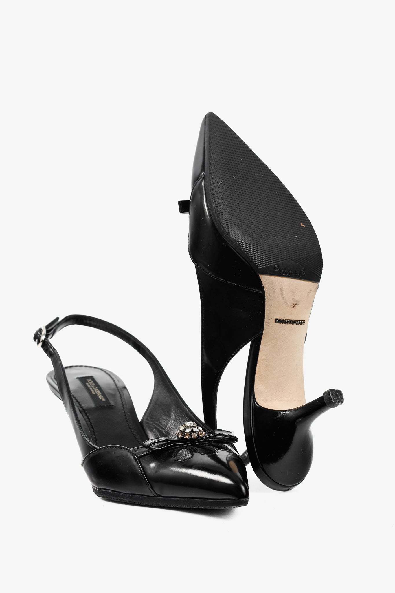 Dolce & Gabbana Nero Patent-Leather Embellished Slingback Pointed-Toe Heels