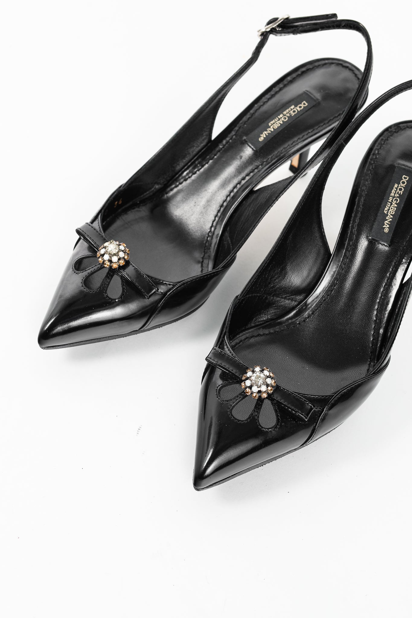 Dolce & Gabbana Nero Patent-Leather Embellished Slingback Pointed-Toe Heels
