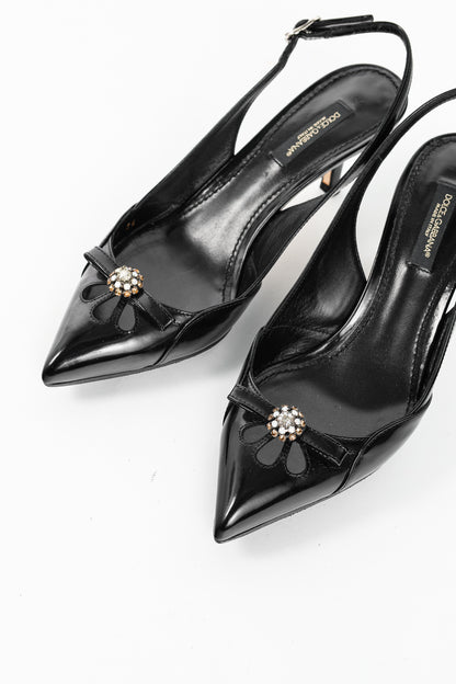 Dolce & Gabbana Nero Patent-Leather Embellished Slingback Pointed-Toe Heels