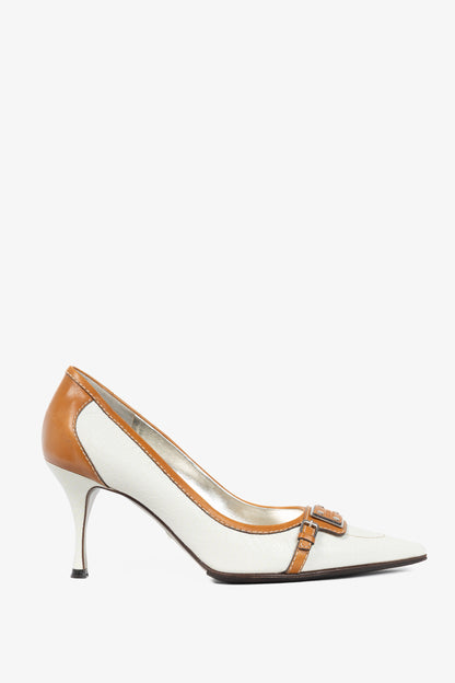 Dolce & Gabbana White & Cognac Logo-Plate Pumps