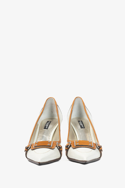 Dolce & Gabbana White & Cognac Logo-Plate Pumps