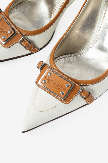 Dolce & Gabbana White & Cognac Logo-Plate Pumps