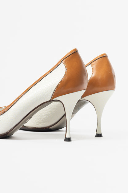 Dolce & Gabbana White & Cognac Logo-Plate Pumps