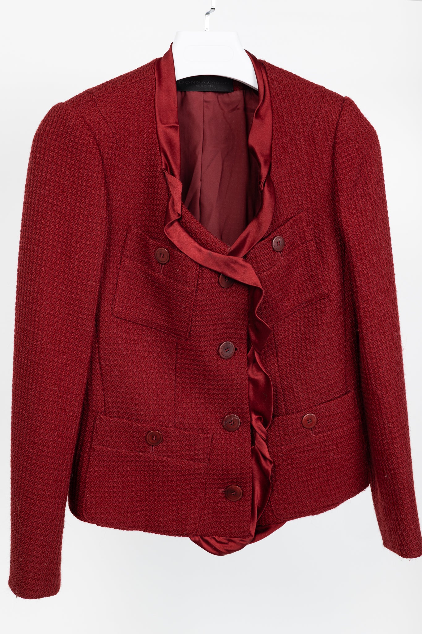 Donna Karan New York Red Wool Tweed Ruffle-Trim Blazer