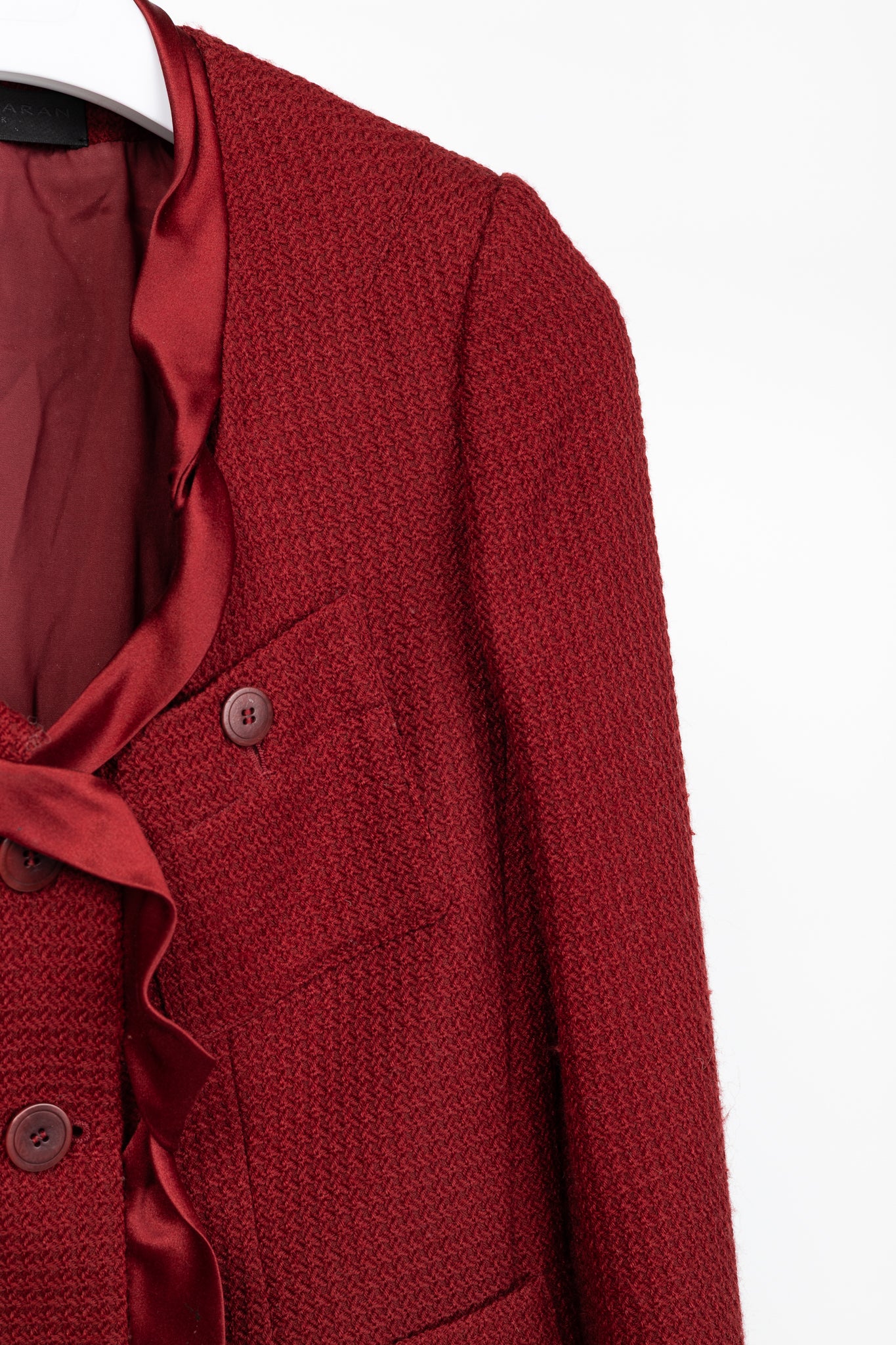 Donna Karan New York Red Wool Tweed Ruffle-Trim Blazer