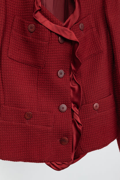 Donna Karan New York Red Wool Tweed Ruffle-Trim Blazer