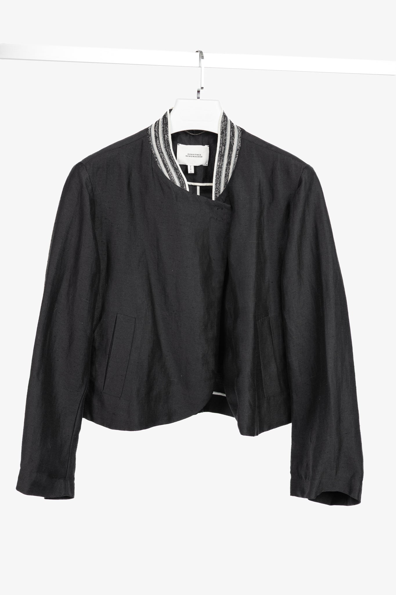 Dorothee Schumacher Black Linen Shantung Metallic-Collar Jacket