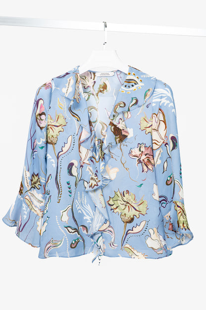 Dorothee Schumacher Floral Twist Blue Silk Ruffle Blouse