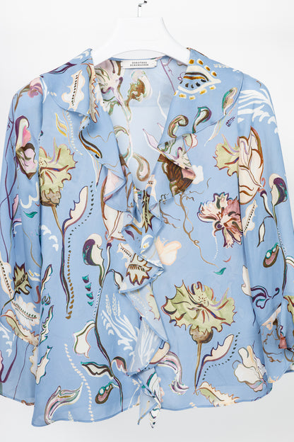 Dorothee Schumacher Floral Twist Blue Silk Ruffle Blouse