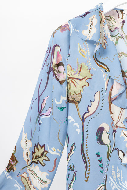 Dorothee Schumacher Floral Twist Blue Silk Ruffle Blouse