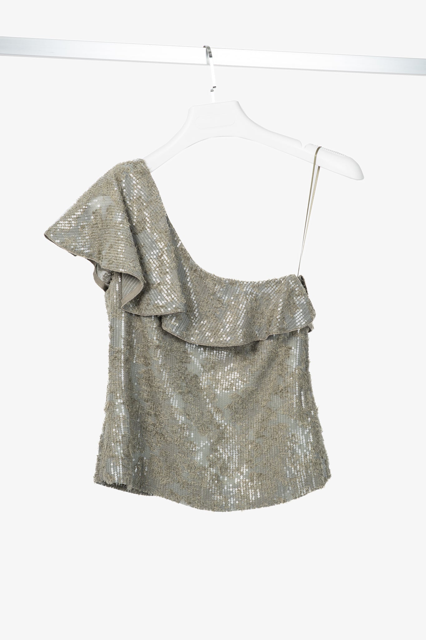 Dorothee Schumacher Sequin Statement Khaki One-Shoulder Top