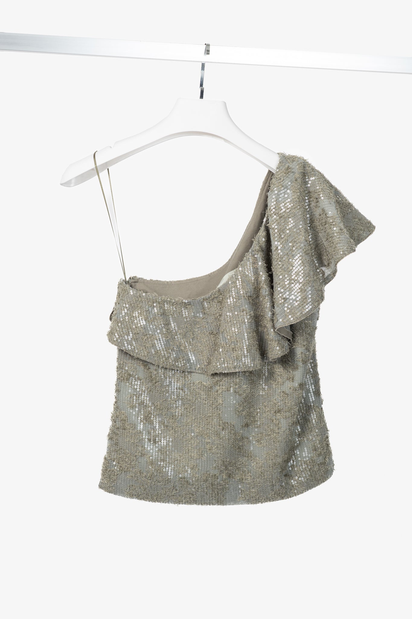 Dorothee Schumacher Sequin Statement Khaki One-Shoulder Top
