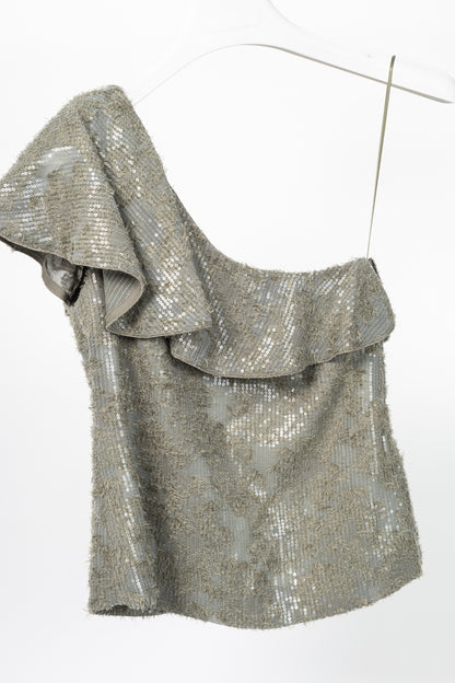 Dorothee Schumacher Sequin Statement Khaki One-Shoulder Top