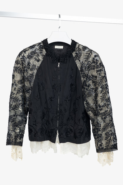 Dries Van Noten Cota Black Embroidered Silk & Lace Bomber Jacket