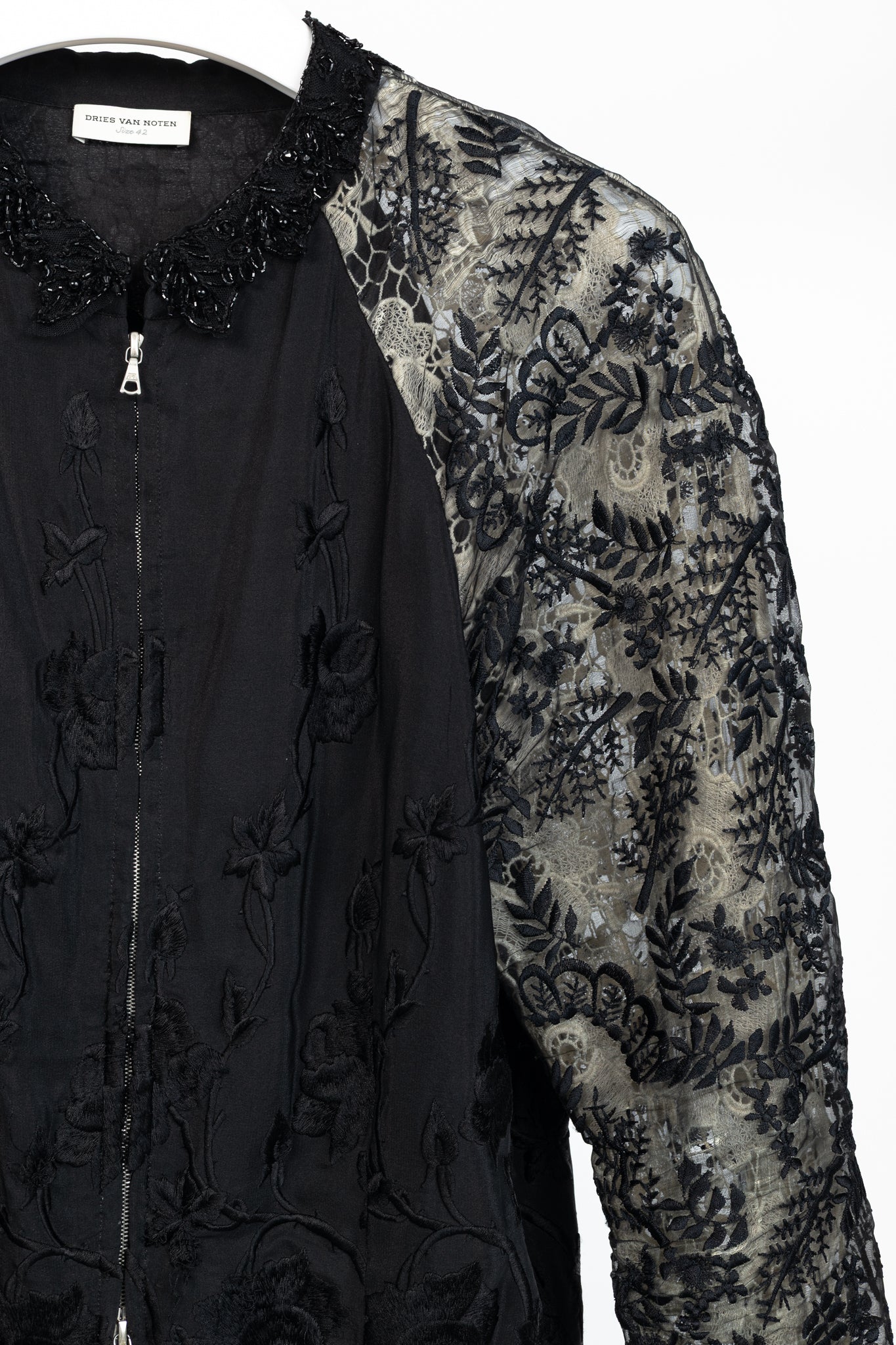 Dries Van Noten Cota Black Embroidered Silk & Lace Bomber Jacket