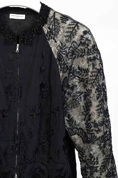 Dries Van Noten Cota Black Embroidered Silk & Lace Bomber Jacket