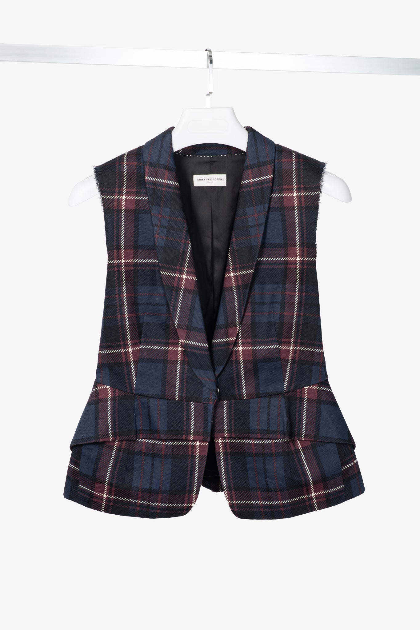Dries Van Noten SS13 Runway Burgundy & Navy Cotton & Linen Plaid Peplum Vest