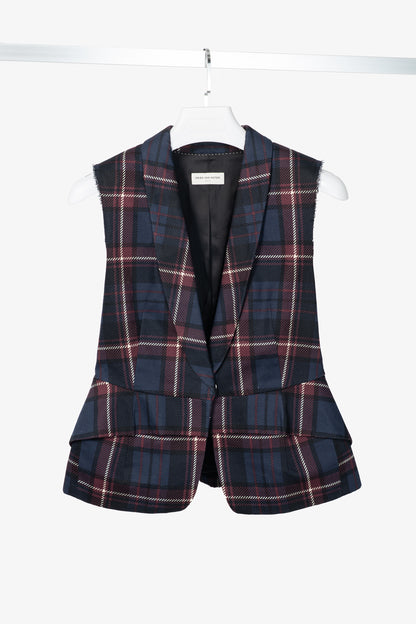 Dries Van Noten SS13 Runway Burgundy & Navy Cotton & Linen Plaid Peplum Vest