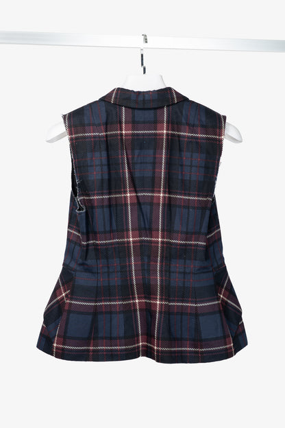 Dries Van Noten SS13 Runway Burgundy & Navy Cotton & Linen Plaid Peplum Vest