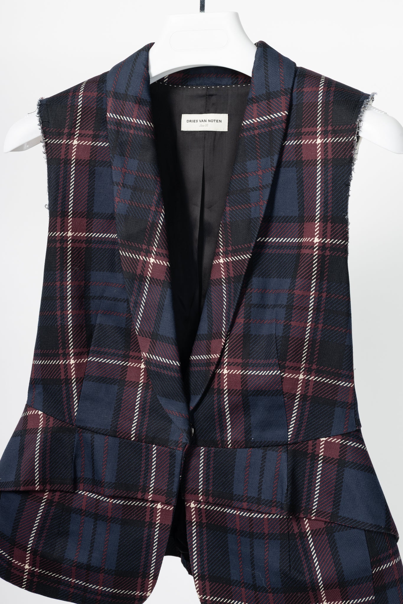 Dries Van Noten SS13 Runway Burgundy & Navy Cotton & Linen Plaid Peplum Vest