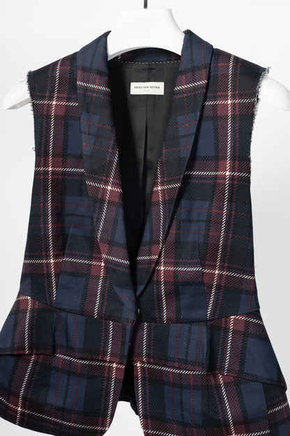 Dries Van Noten SS13 Runway Burgundy & Navy Cotton & Linen Plaid Peplum Vest