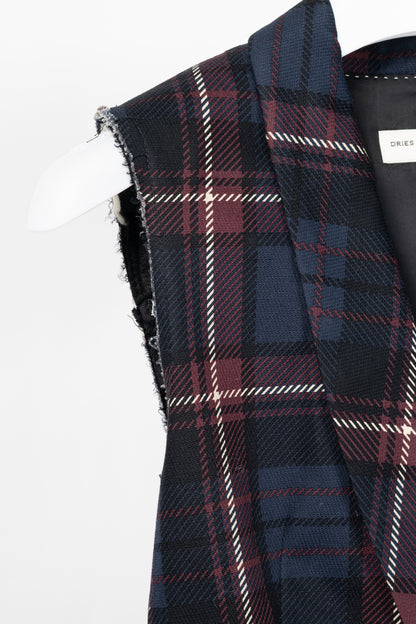 Dries Van Noten SS13 Runway Burgundy & Navy Cotton & Linen Plaid Peplum Vest