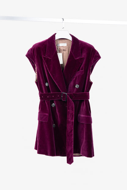 Dries Van Noten AW/20 Runway Rawn Shortbis Dark-Pink Velvet Cap-Sleeve Coat