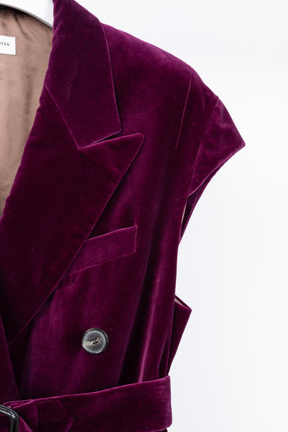 Dries Van Noten AW/20 Runway Rawn Shortbis Dark-Pink Velvet Cap-Sleeve Coat