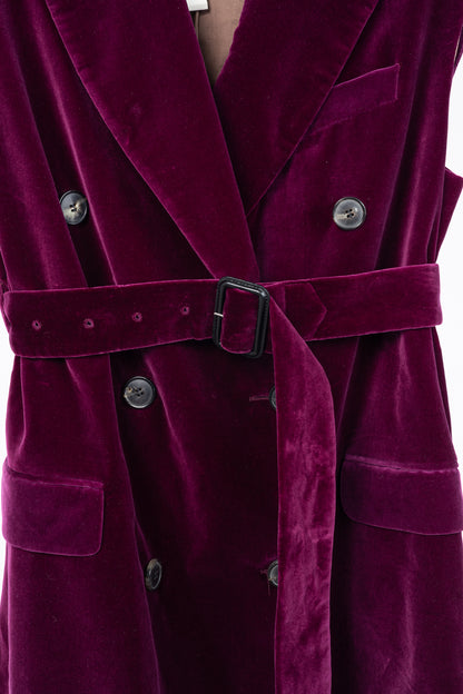 Dries Van Noten AW/20 Runway Rawn Shortbis Dark-Pink Velvet Cap-Sleeve Coat