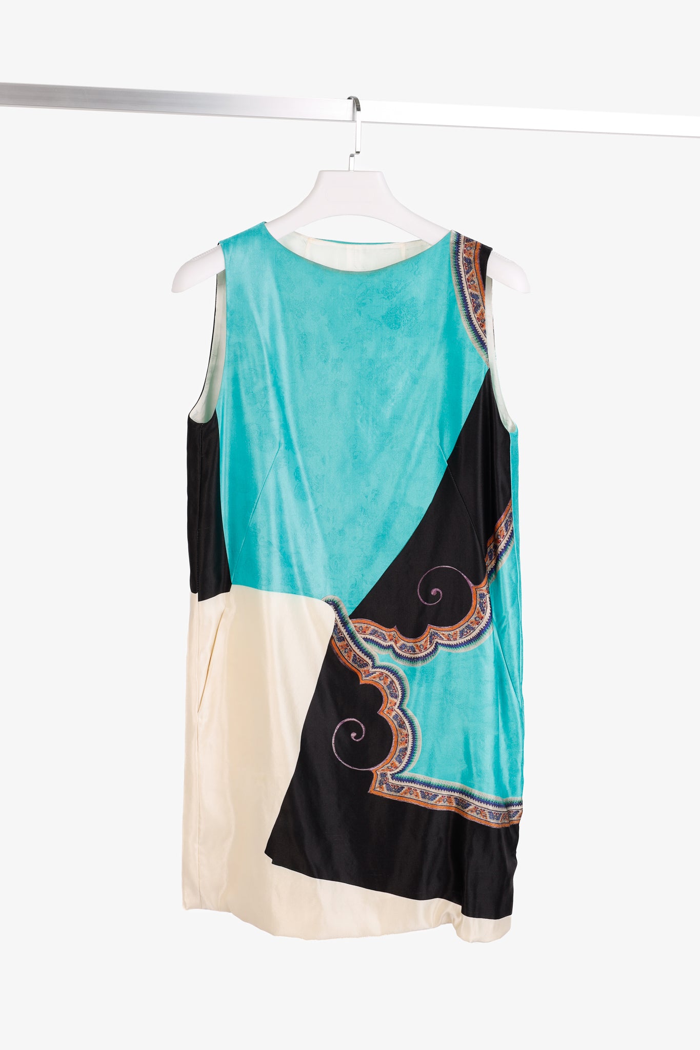 Dries Van Noten AW/12 Teal Printed Satin Sleeveless Mini Shift Dress