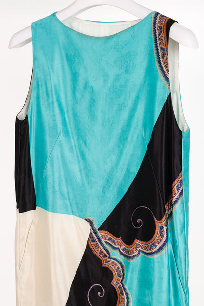 Dries Van Noten AW/12 Teal Printed Satin Sleeveless Mini Shift Dress