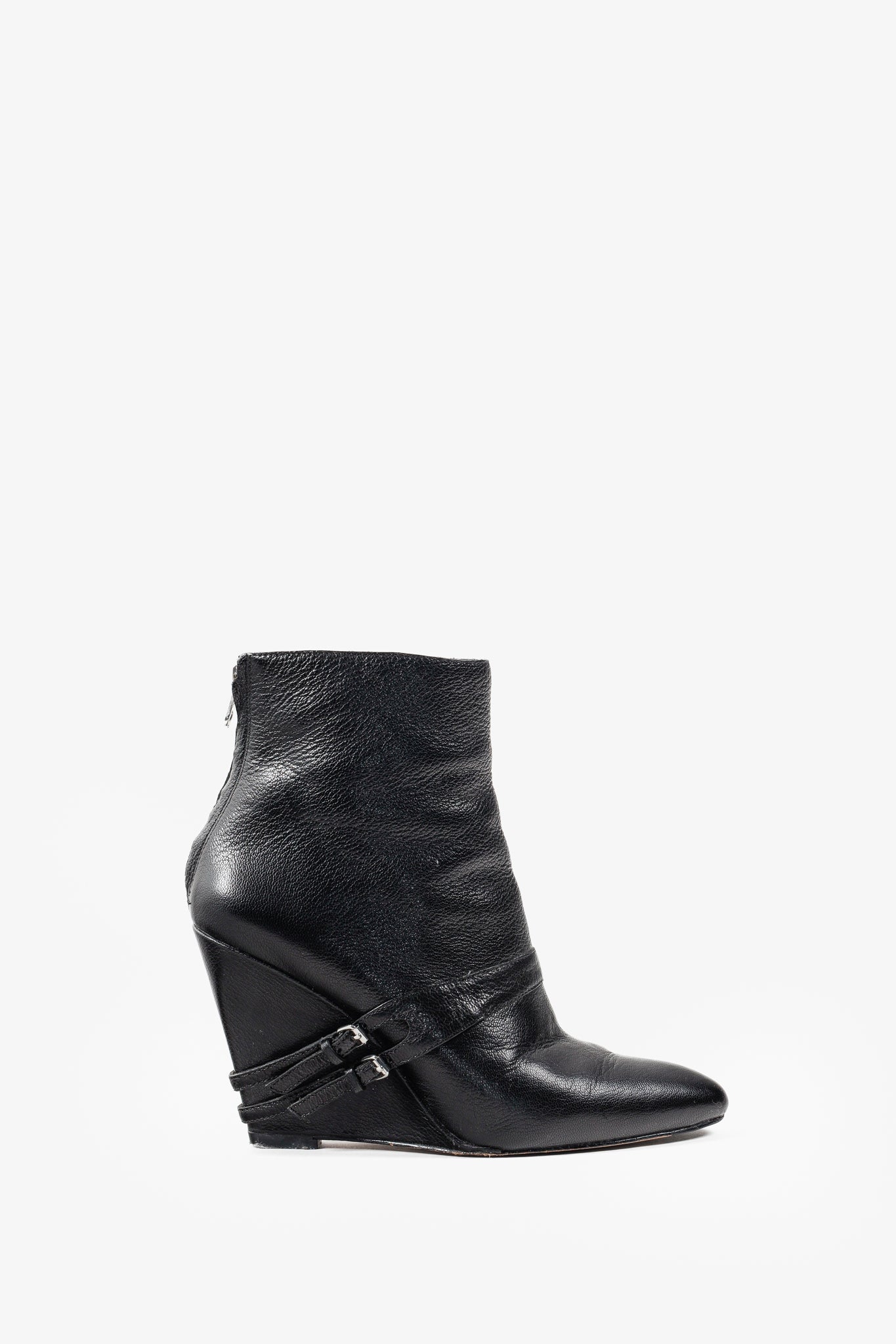 Elizabeth and James Black Leather Wedge Ankle Boots with Buckle