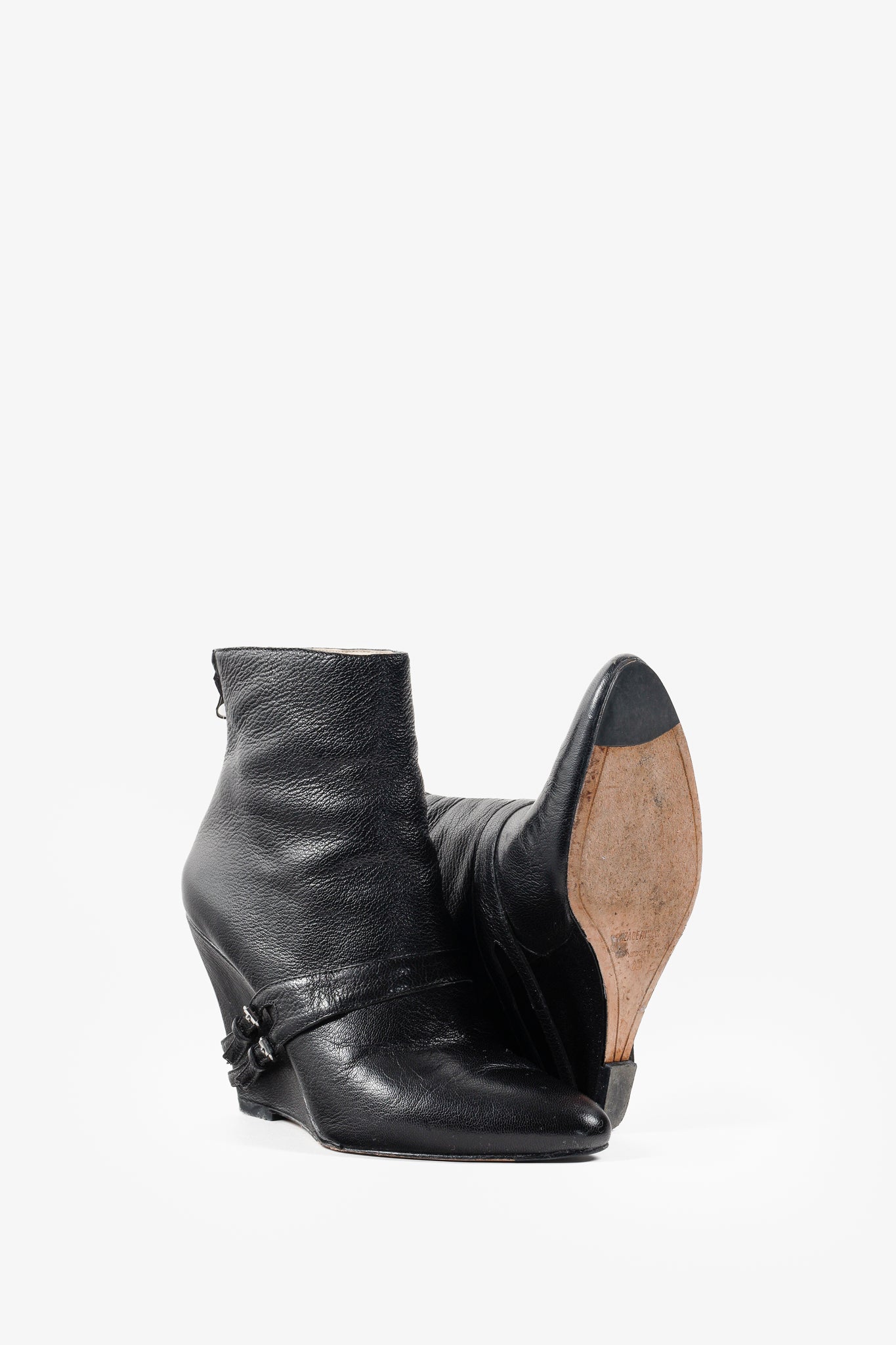 Elizabeth and James Black Leather Wedge Ankle Boots with Buckle