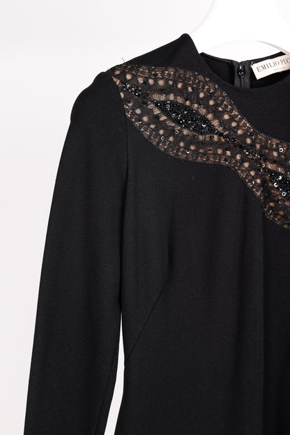Emilio Pucci Black Knit Lace-Insert Long Sleeve Dress