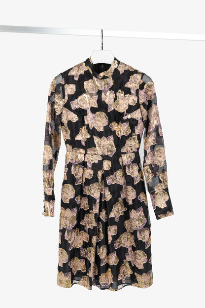 Erdem Effie Black Metallic Floral-Fil Coupe Organza Dress