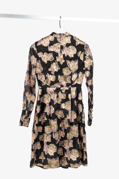 Erdem Effie Black Metallic Floral-Fil Coupe Organza Dress