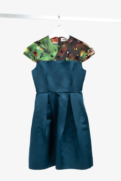 Erdem Teal Silk Satin Embellished-Yoke Pleated Dress