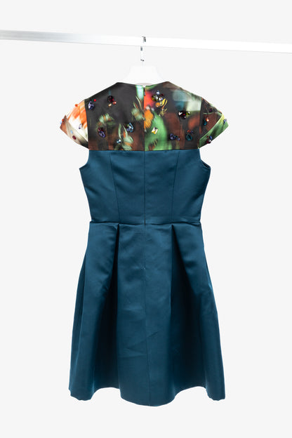 Erdem Teal Silk Satin Embellished-Yoke Pleated Dress