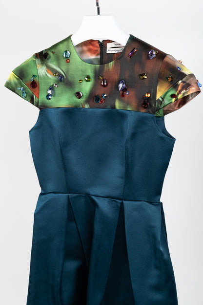 Erdem Teal Silk Satin Embellished-Yoke Pleated Dress