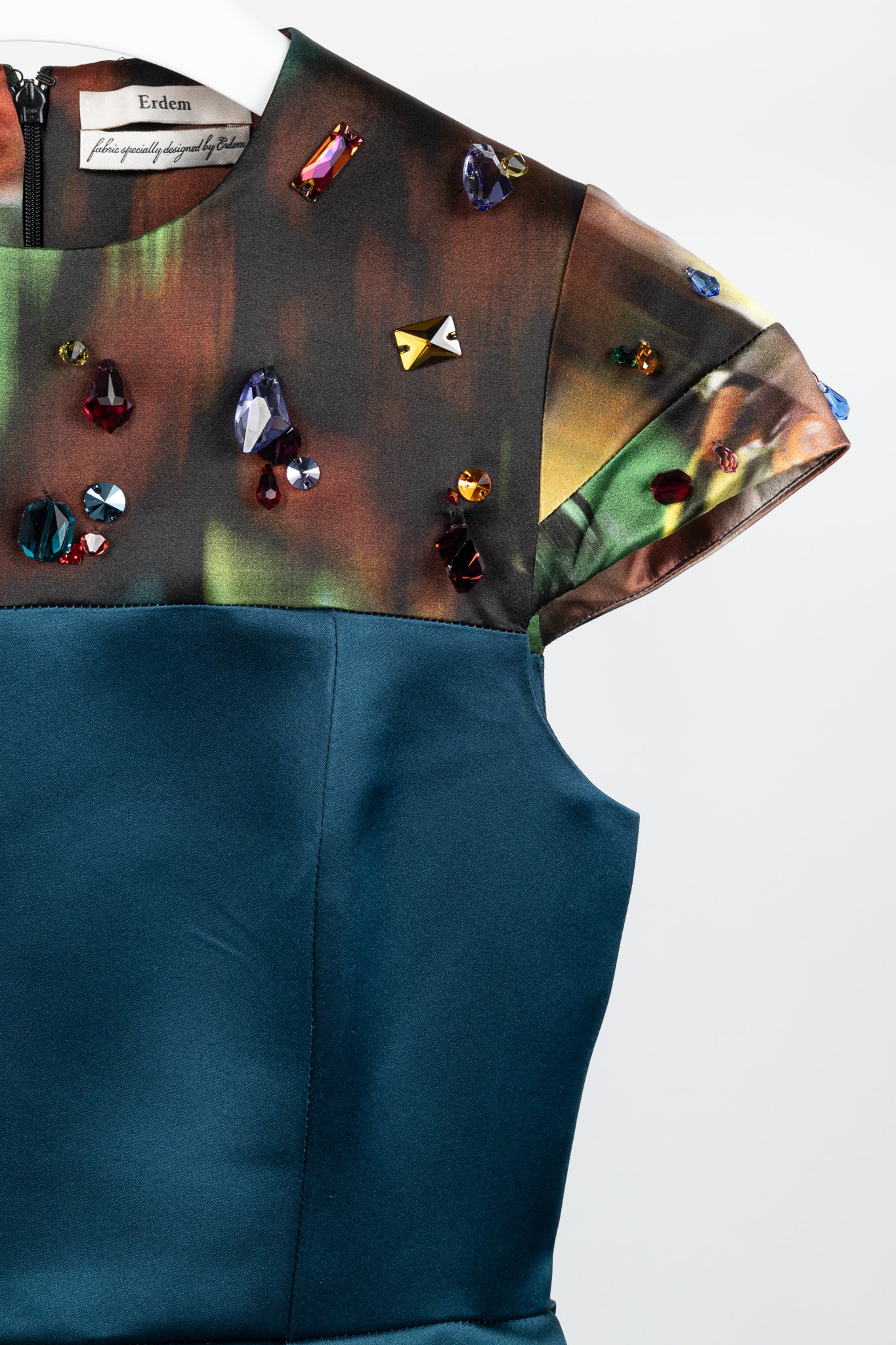Erdem Teal Silk Satin Embellished-Yoke Pleated Dress