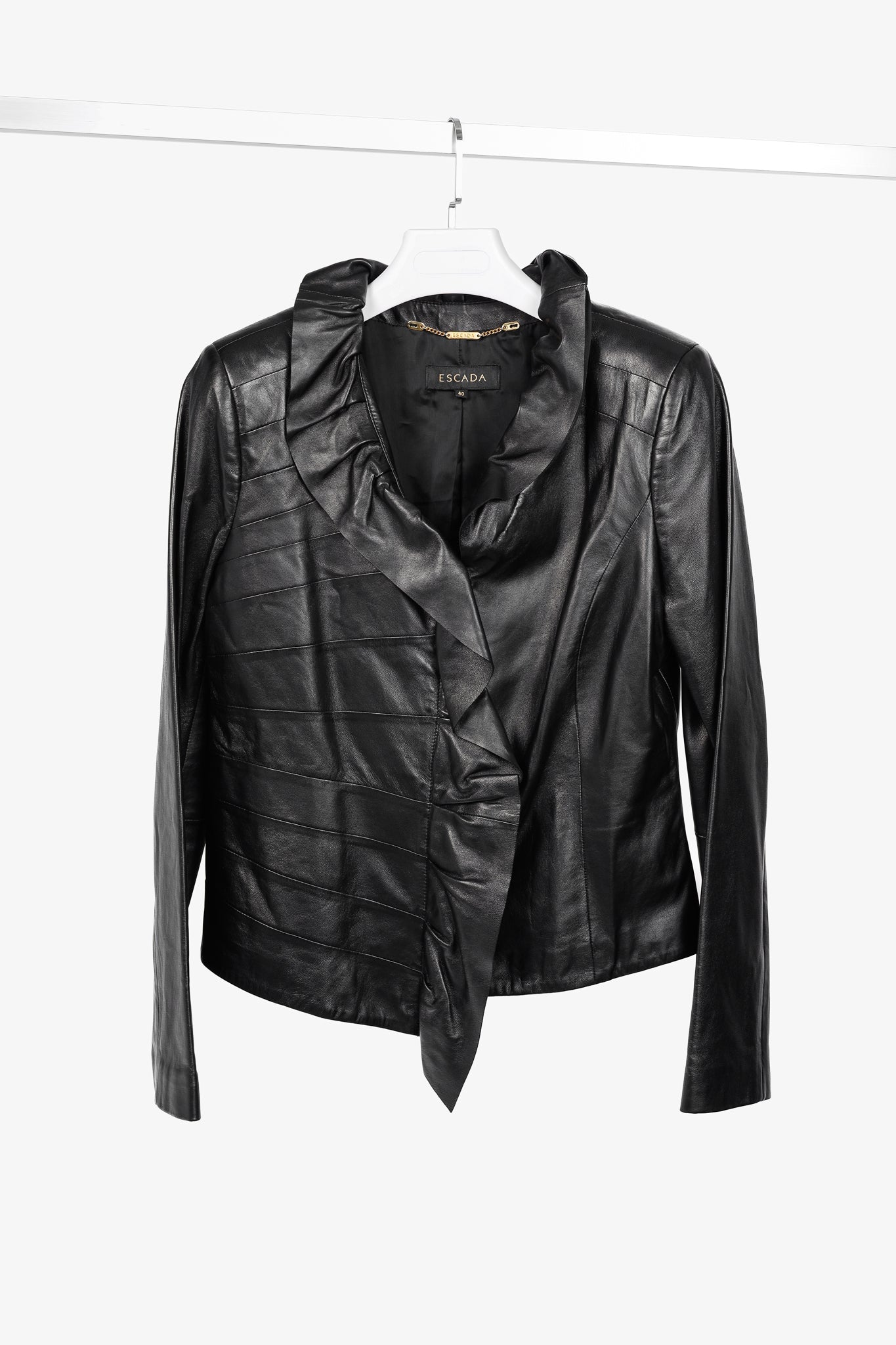 Escada Luloo Black Leather Ruffle-Trim Jacket