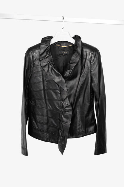 Escada Luloo Black Leather Ruffle-Trim Jacket
