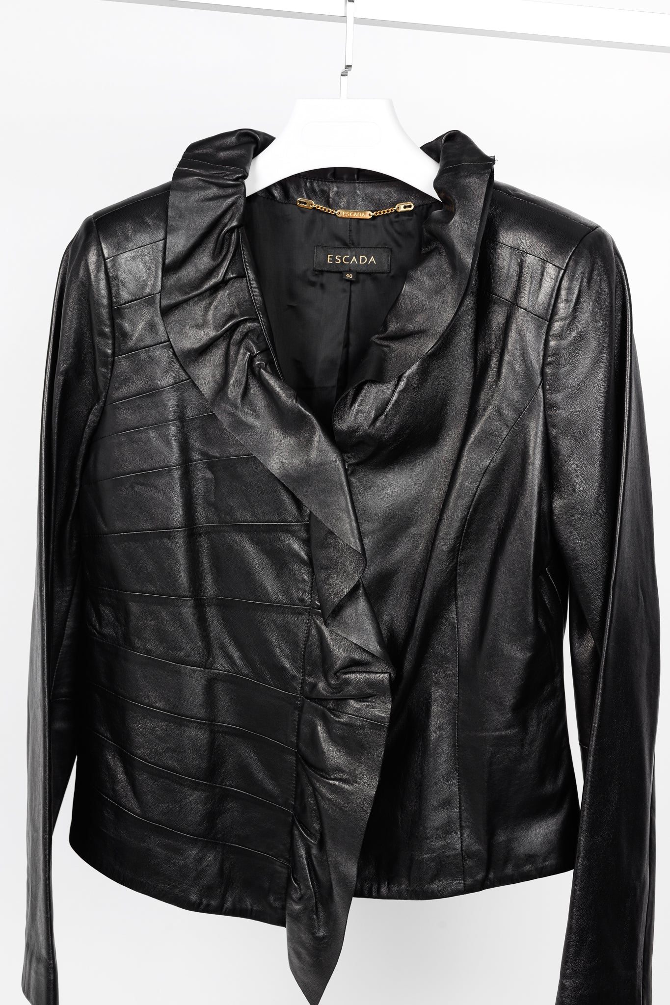 Escada Luloo Black Leather Ruffle-Trim Jacket