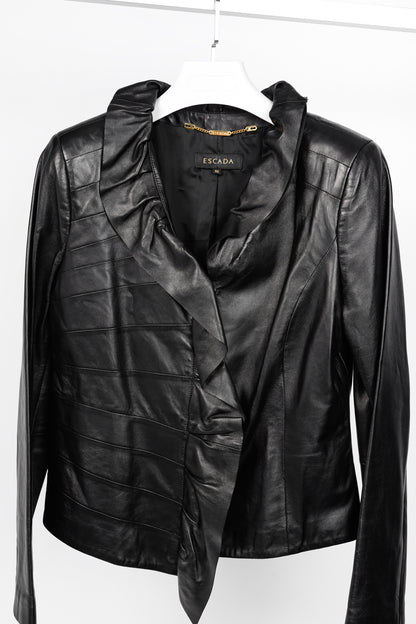 Escada Luloo Black Leather Ruffle-Trim Jacket