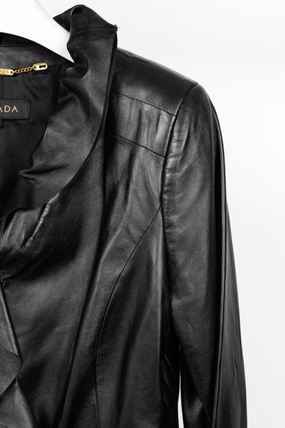 Escada Luloo Black Leather Ruffle-Trim Jacket