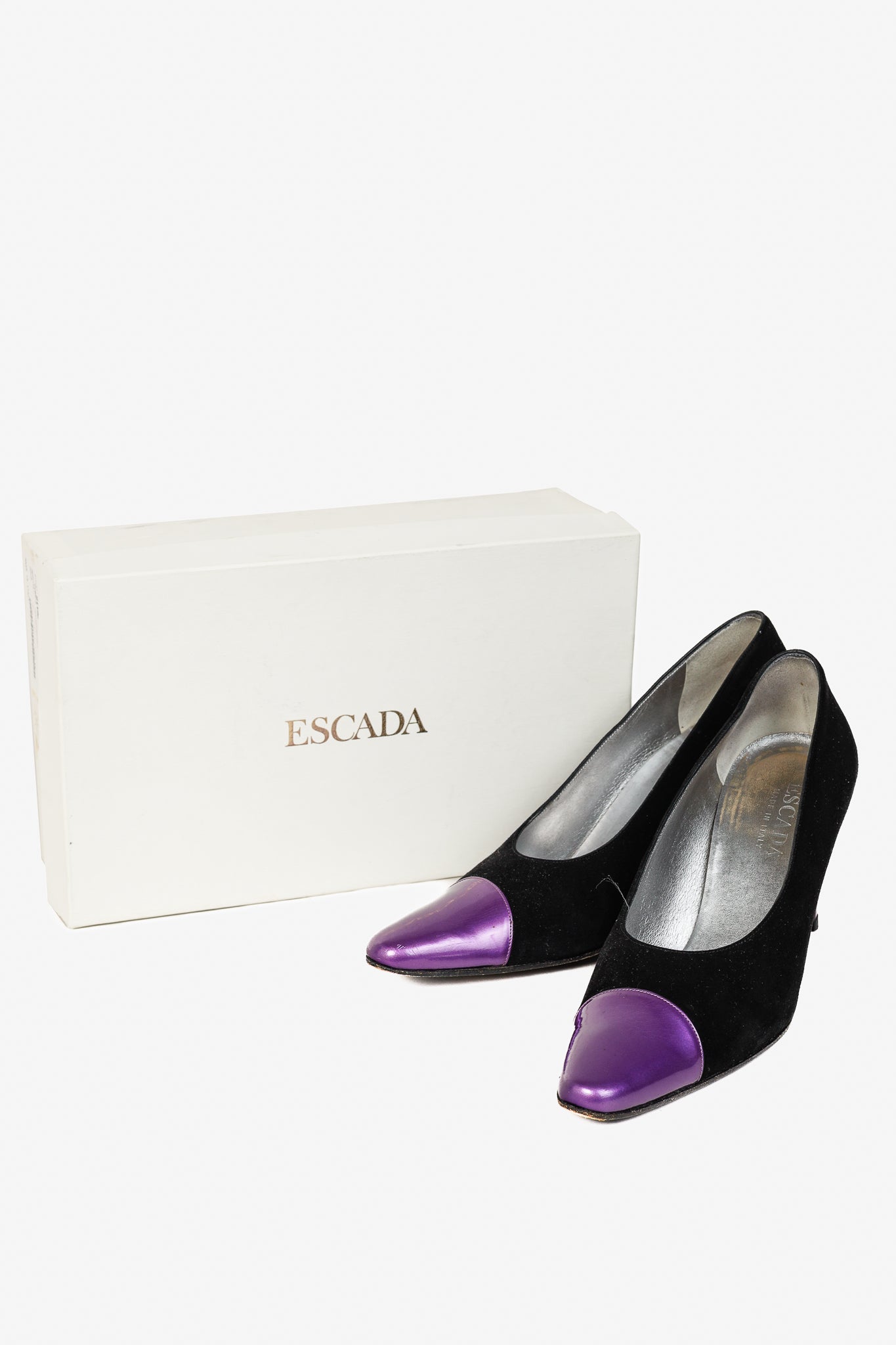 Escada Black Suede and Purple Patent Pumps