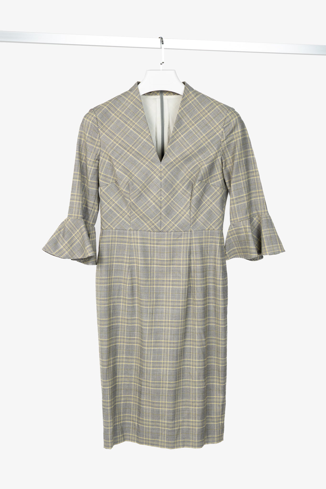 Escada Dinfo Limonade Glen-Plaid Wool Flounce-Sleeve Dress